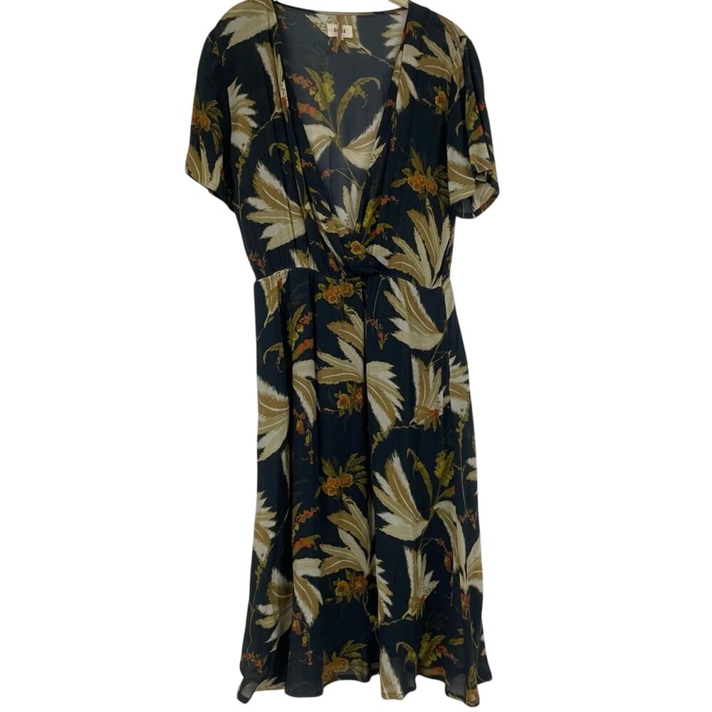 Diega Blue Green Tropical Print Faux Wrap Midi Dress Womens XS Beachy Vacation